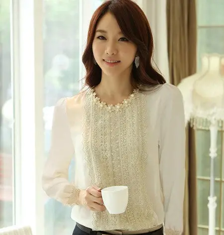 Elegant Women's Long Sleeve Chiffon Blouses Shirts Embroidery Beading Ol Tops J1869 4