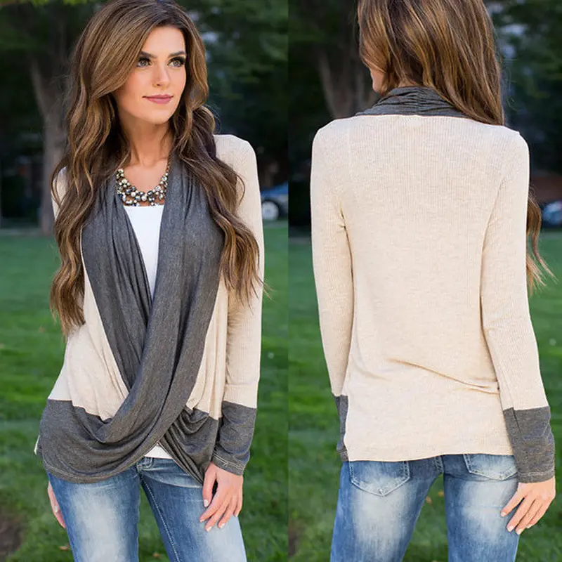 Elegent Women Blouse Sexy V Neck Women Irregular Splice Outwear Cotton Long Sleeve Loose Shirts Tops Clothing 1