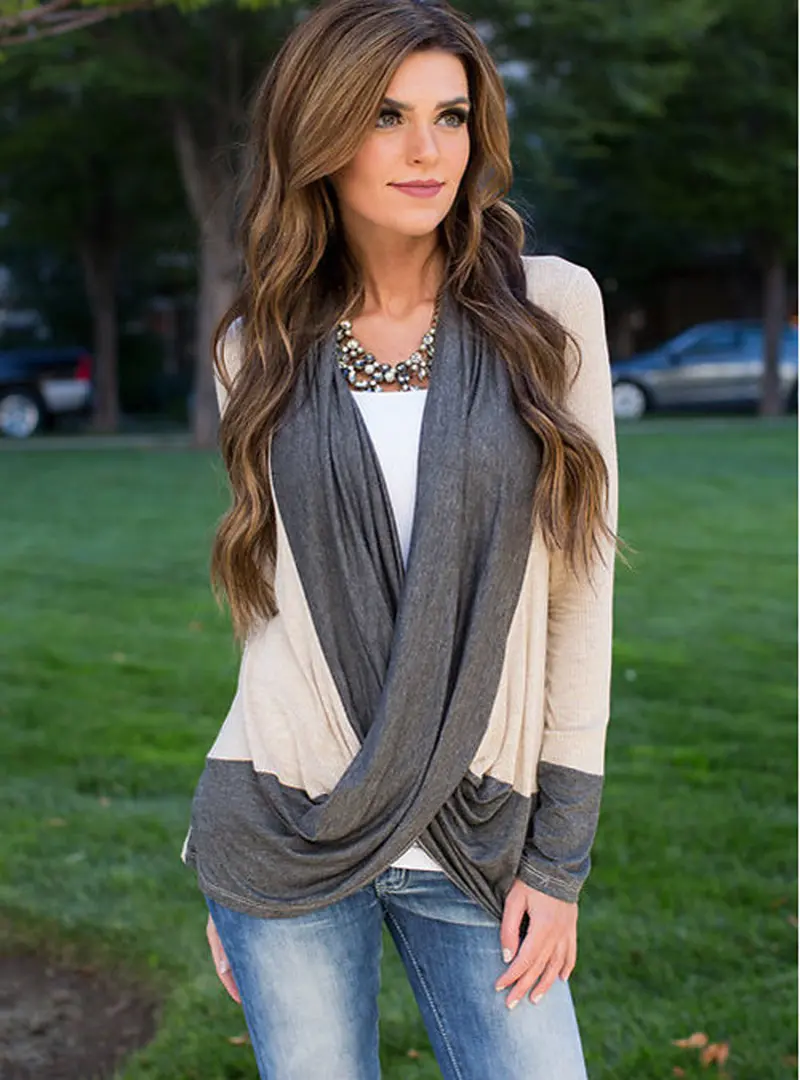 Elegent Women Blouse Sexy V Neck Women Irregular Splice Outwear Cotton Long Sleeve Loose Shirts Tops Clothing 2