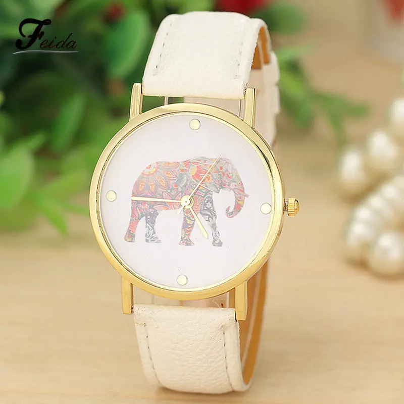 Elephant Printing Pattern Weaved Leather Quartz Dial Watches Women Relojes Mujer Feida 1