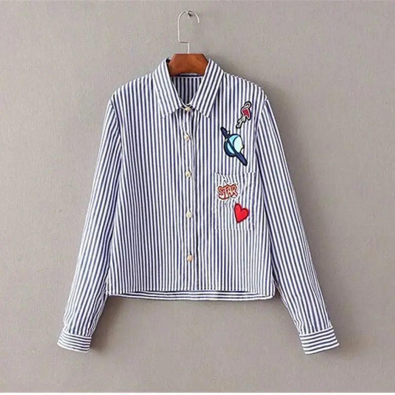 Embroidery Cartoon Appliques Vertical Striped Shirt Women Lapel Long Sleeve Blouse Tops Blusas Chemise Femme Blusa 2