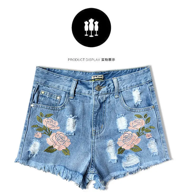 Embroidery Denim Shorts Floral High Waist Jeans Short Femme Frayed Hole Shorts For Women Plus Size Shorts 1