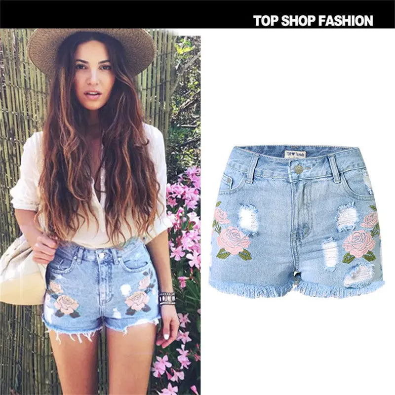 Embroidery Denim Shorts Floral High Waist Jeans Short Femme Frayed Hole Shorts For Women Plus Size Shorts 2