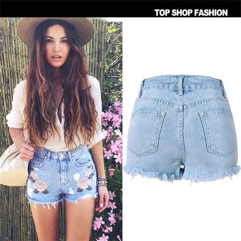 Embroidery Denim Shorts Floral High Waist Jeans Short Femme Frayed Hole Shorts For Women Plus Size Shorts 3