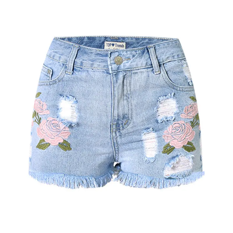 Embroidery Denim Shorts Floral High Waist Jeans Short Femme Frayed Hole Shorts For Women Plus Size Shorts 4