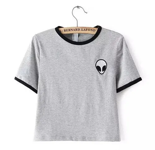 Embroidery Et Aliens Tee T-Shirt Harajuku T Shirt O Neck Striped Crop Tops Women Clothing Tees Camiseta Feminina Xs 1