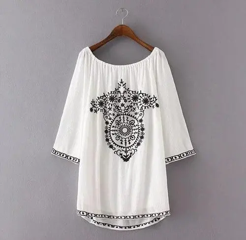 Embroidery Flower Off Shoulder Dress Vintage Women Slash Neck Shoulderless Long Sleeve Dresses White S M L 1