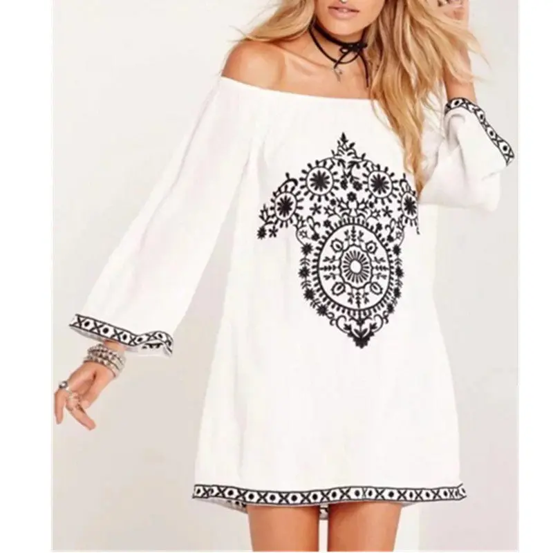 Embroidery Flower Off Shoulder Dress Vintage Women Slash Neck Shoulderless Long Sleeve Dresses White S M L 2