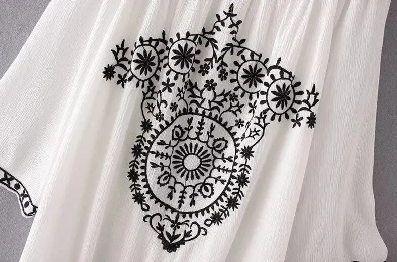 Embroidery Flower Off Shoulder Dress Vintage Women Slash Neck Shoulderless Long Sleeve Dresses White S M L 3