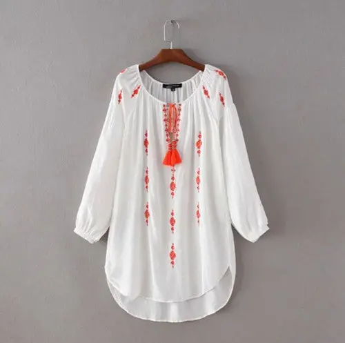 Embroidery Flower Strappy Shirt Dress Woman Contrast Color Streamer V Neck Long Sleeve Crop Hem Cotton Dresses 1