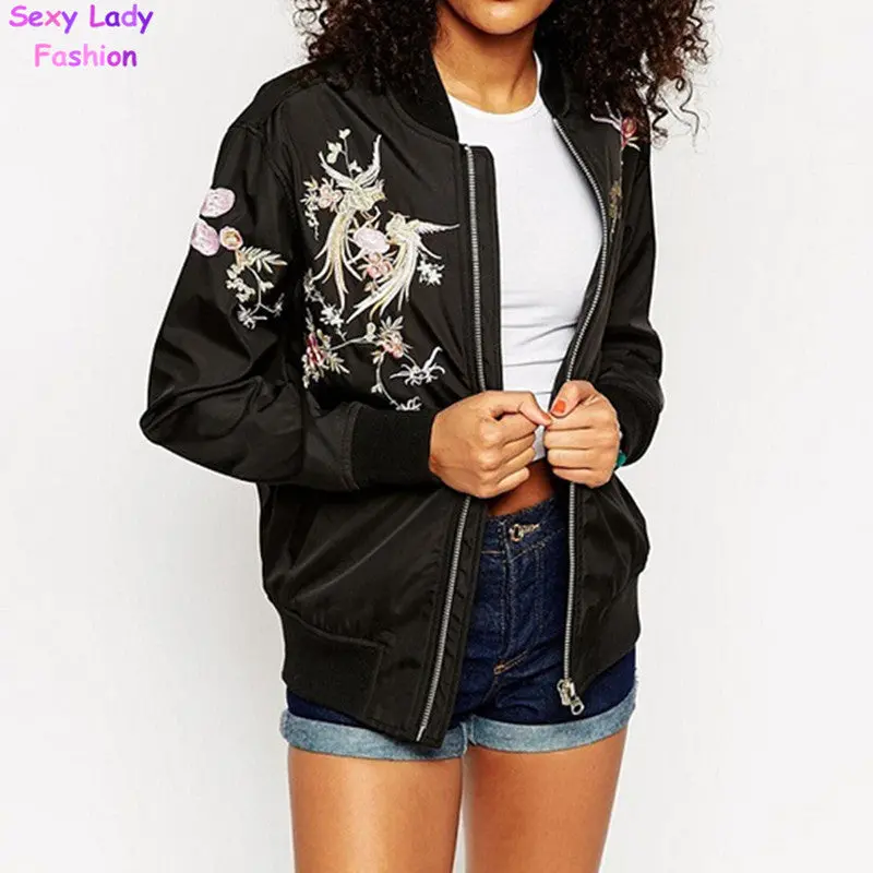 Embroidery Oriental Flower & Phoenix Bird Pattern Short Jacket Women's Bomber Jacket Coat Pilots Outerwear Tops 2