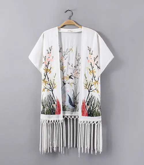 Embroidery Peacock & Peach Blossom Floral Tassel Hem Cardigan Kimono Shirt Women's Loose Casual Blouses Tops Sunscreen 1