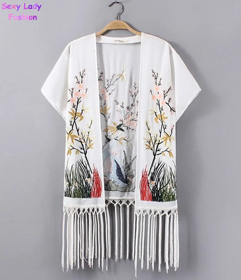 Embroidery Peacock & Peach Blossom Floral Tassel Hem Cardigan Kimono Shirt Women's Loose Casual Blouses Tops Sunscreen 2
