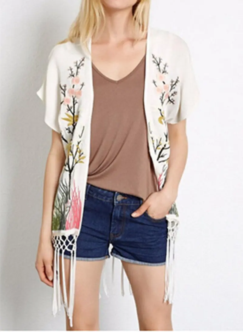 Embroidery Peacock & Peach Blossom Floral Tassel Hem Cardigan Kimono Shirt Women's Loose Casual Blouses Tops Sunscreen 3