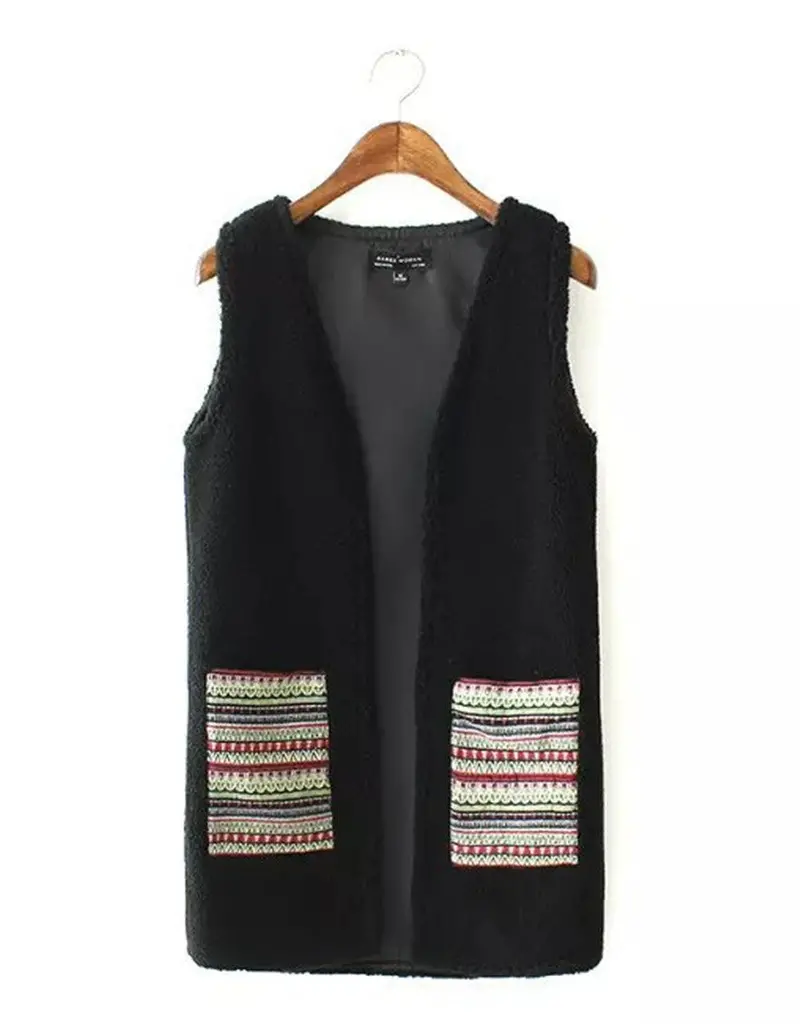 Embroidery Pockets Spliced Solid Color Shaggy Vest Women's Casual Sleeveless Jacket Waistcoat Coat 1