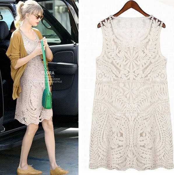 Embroidery Sleeveless Dress Full Lace Crochet Dress Hollow Out Vintage O Neck Crochet Plus Size Casual Dresses 2