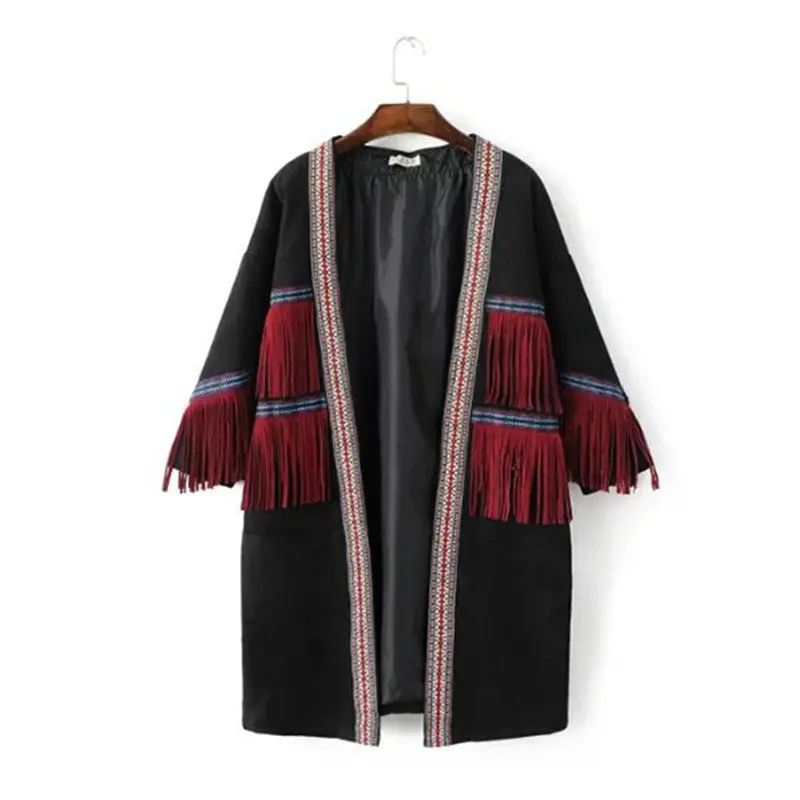 Embroidery Spliced Tassel Faux Suede Trench Ethnic Women Red Fringed Open Stitching Mid Long Windbreaker Coat Outerwear 2