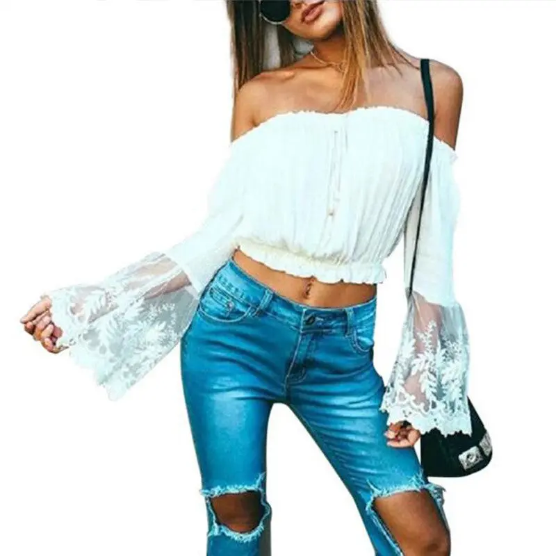 Embroidery Women Tops Sexy Off Shoulder Blouses And Shirts Flare Sleeve Beach Top White Crop Top Blusas 2