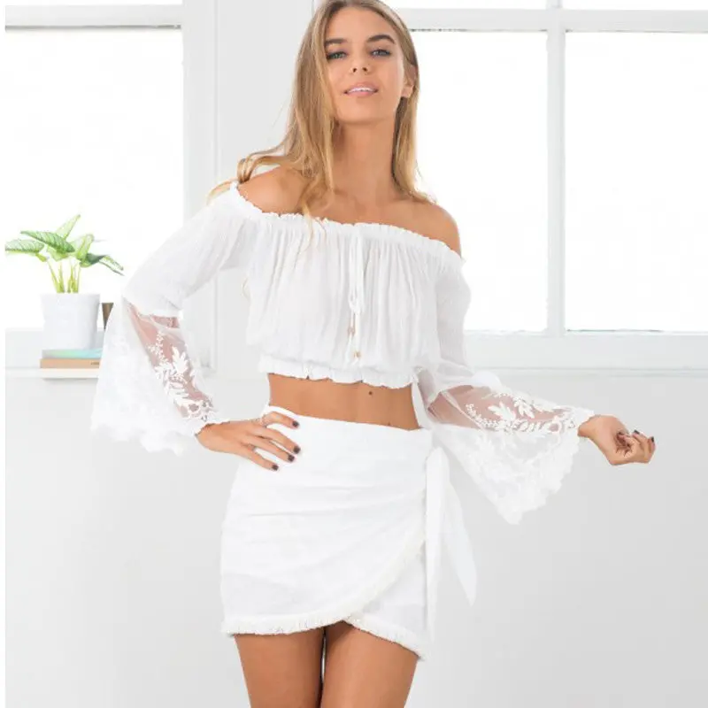 Embroidery Women Tops Sexy Off Shoulder Blouses And Shirts Flare Sleeve Beach Top White Crop Top Blusas 3