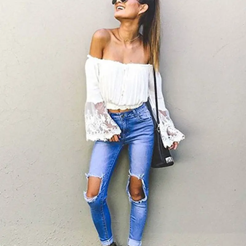 Embroidery Women Tops Sexy Off Shoulder Blouses And Shirts Flare Sleeve Beach Top White Crop Top Blusas 4