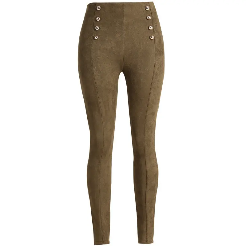 England Style Double Breasted Pants Women High Waisted Faux Suede Leather Pants Pantalon Femme Side Zipper Up Trousers 10