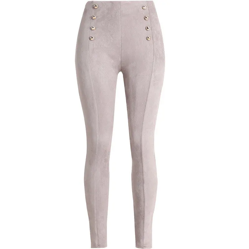 England Style Double Breasted Pants Women High Waisted Faux Suede Leather Pants Pantalon Femme Side Zipper Up Trousers 5