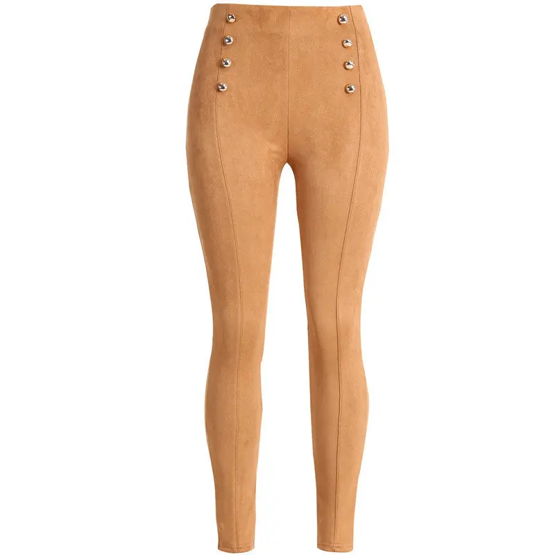 England Style Double Breasted Pants Women High Waisted Faux Suede Leather Pants Pantalon Femme Side Zipper Up Trousers 9