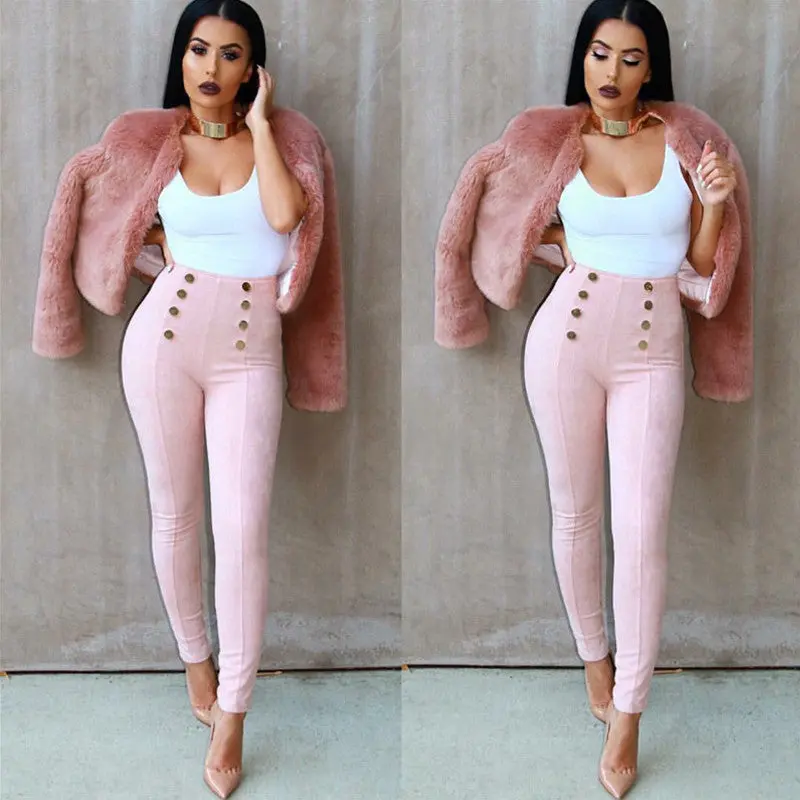 England Style Double Breasted Pants Women High Waisted Faux Suede Leather Pants Pantalon Femme Side Zipper Up Trousers 9