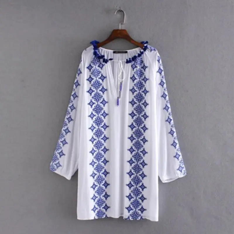 Ethinc Embroidery Blue And White Porcelain Tassel Ball Dress Women Fringed Stream Neck Long Sleeve Shift Dress 1