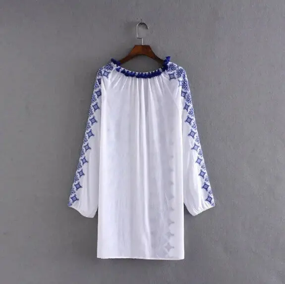 Ethinc Embroidery Blue And White Porcelain Tassel Ball Dress Women Fringed Stream Neck Long Sleeve Shift Dress 3