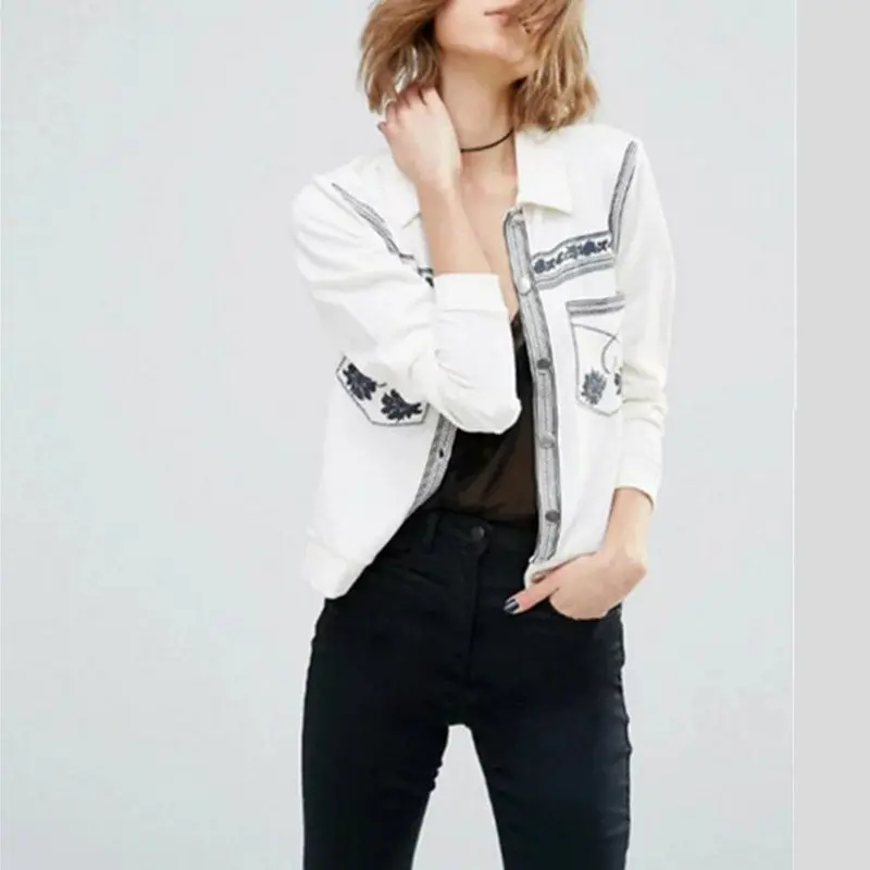 Ethnic Black White Flower Embroidery Jacket Woman Lapel Long Sleeve Jacket Buttons Casual Coat 2