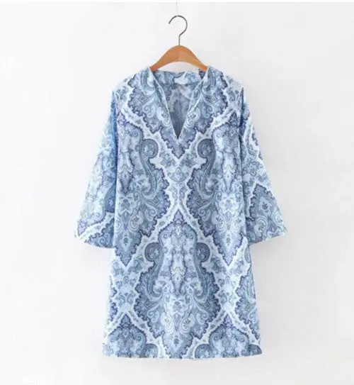 Ethnic Blue And White Porcelain Print Shift Dress Women Vintage V Neck 3/4 Sleeve Short Dresses 1