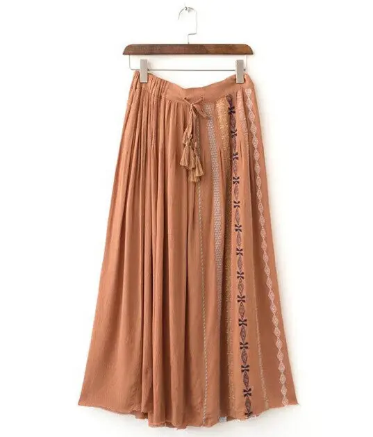 Ethnic Colored Embroidery Skirt Women Straggy Tassel High Waist Cotton Linen Maxi Skirt Femme 1