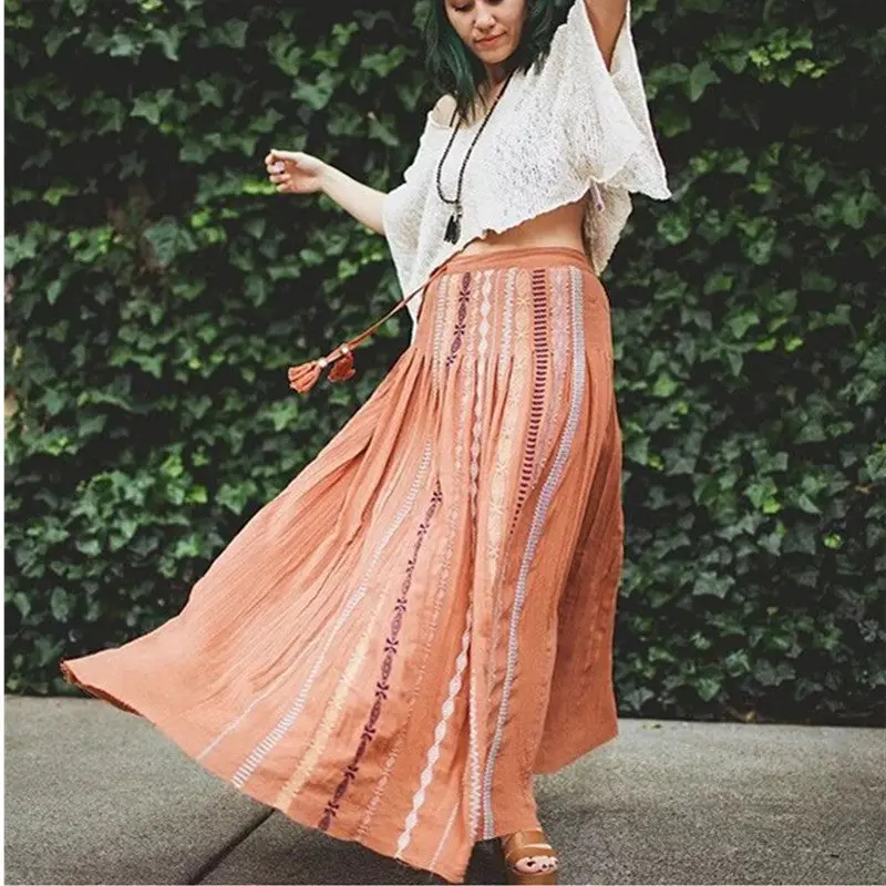 Ethnic Colored Embroidery Skirt Women Straggy Tassel High Waist Cotton Linen Maxi Skirt Femme 2