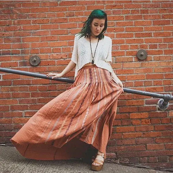 Ethnic Colored Embroidery Skirt Women Straggy Tassel High Waist Cotton Linen Maxi Skirt Femme 3