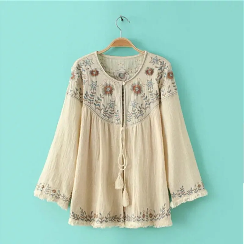 Ethnic Colors Flower Embroidery Jacket Woman Lacing Up Strappy Tassle Hem Kimono Cardigan Coat Sunscreen Femme 1