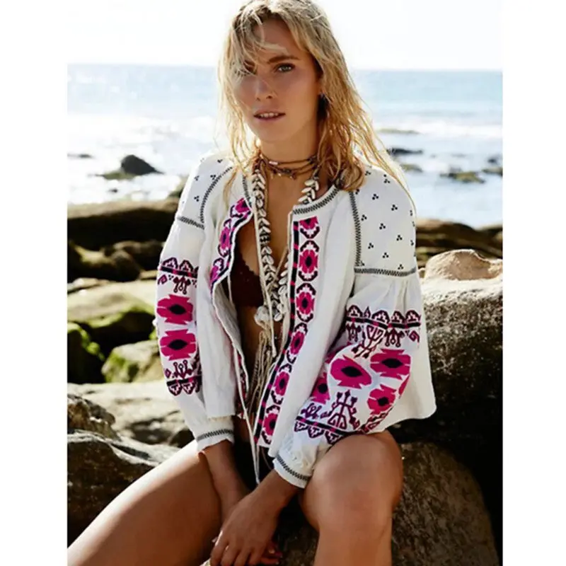 Ethnic Colors Flower Embroidery Jacket Woman Lantern Sleeve Lacing Up Kimono Cardigan Jacket Coat Sunscreen Femme 3