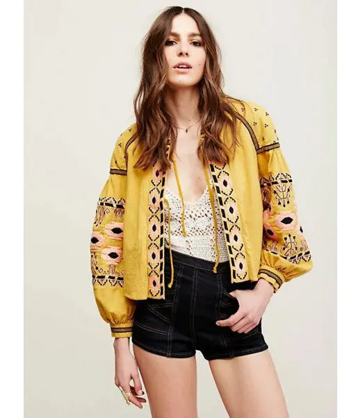 Ethnic Colors Flower Embroidery Jacket Woman Lantern Sleeve Lacing Up Kimono Cardigan Jacket Coat Sunscreen Femme 4