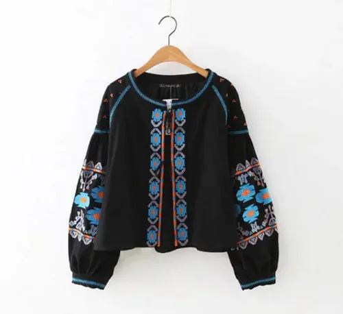 Ethnic Colors Flower Embroidery Jacket Woman Lantern Sleeve Lacing Up O Neck Kimono Cardigan Coat Sunscreen Femme 1