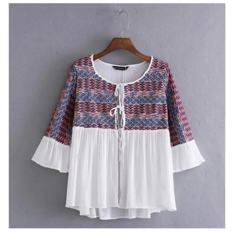 Ethnic Colors Flower Embroidery Shirt Woman Butterfly Sleeve Lacing Up Kimono Cardigan Shirt Blouse Tops Sunscreen White 1