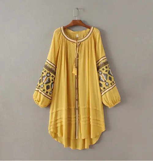 Ethnic Colors Geometric Embroidery Shirt Woman Lantern Sleeve Lacing Up Strappy Kimono Cardigan Casual Shirt Blouse Tops 1