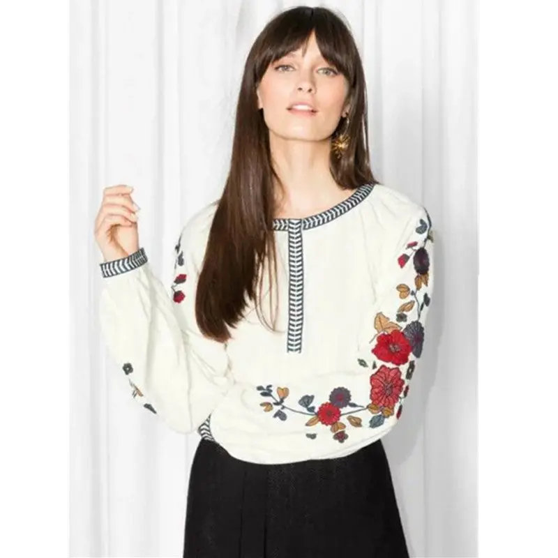 Ethnic Contrast Color Striped O Neck Embroidery Shirt Woman Pullover Blouse Tops Blusas Femme Blusa 2
