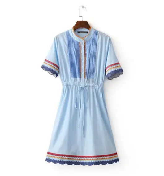 Ethnic Drawstring Embroidery Dress Woman O Neck Spliced Contrast Color Elastic Waist Short Sleeve Dresses A Line 1