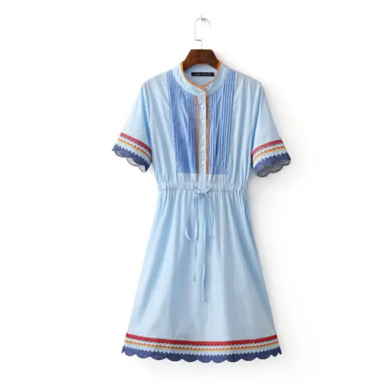 Ethnic Drawstring Embroidery Dress Woman O Neck Spliced Contrast Color Elastic Waist Short Sleeve Dresses A Line 2