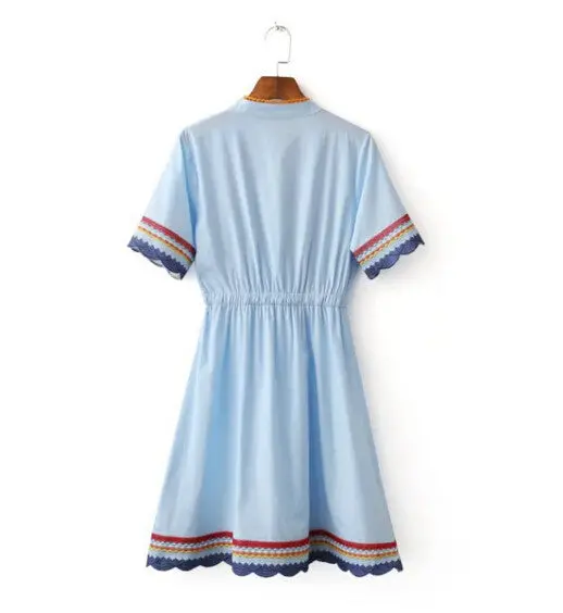 Ethnic Drawstring Embroidery Dress Woman O Neck Spliced Contrast Color Elastic Waist Short Sleeve Dresses A Line 3