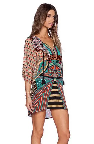 Ethnic Dresses Baroque Totem Geometric Floral Print Strappy Streamer V-Neck Shift Casual Short Dress Tops 1