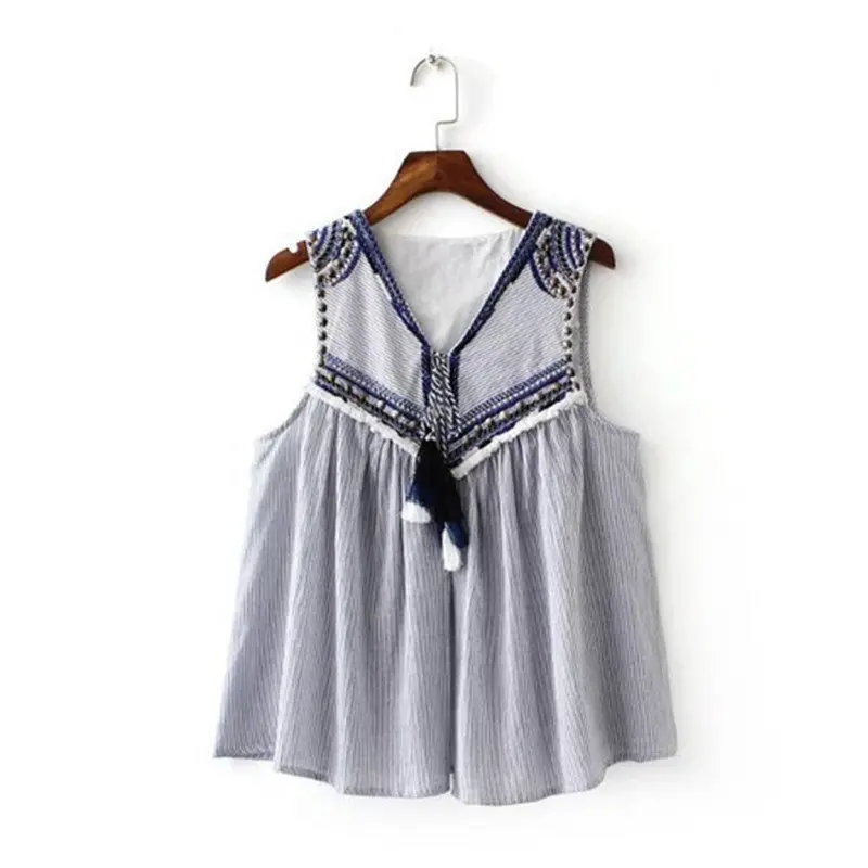 Ethnic Embroidery Beading Tassel Striped Shirt Women Strappy V Neck Sleeveless Cardigan Blouse Tops Blusas Femme 1