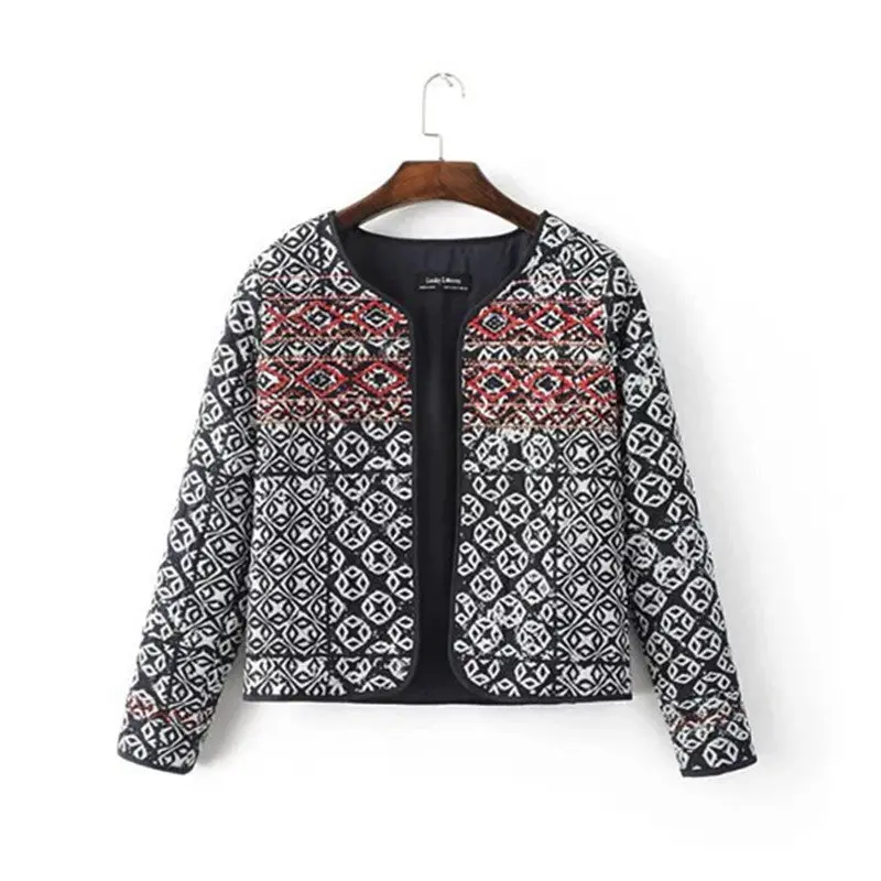 Ethnic Embroidery Beading Totem Print Quilted Jacket Women Vintage Paisley Thin Padded Long Sleeve Coat Suits 1
