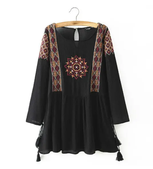 Ethnic Embroidery Geometric Long Sleeve Dress Women O Neck Stream Cuff Loose Dresses Black Tops Femme S M L 1