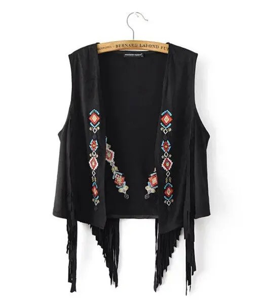 Ethnic Faux Suede Tassel Geometric Embroidery Vest Retro Women Sleeveless Suit Slim Fit Gilet Waistcoat Tops  S M L 1